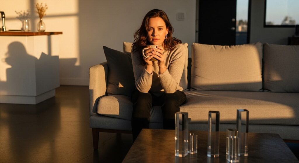 mujer joven reflexiva con taza en apartamento bajo atardecer