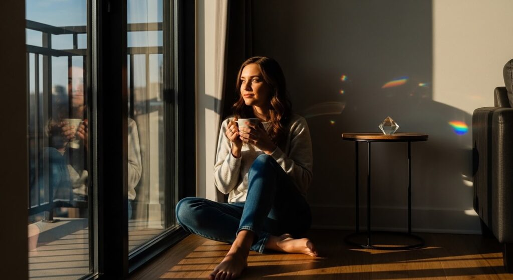 mujer joven sonriente toma cafe en apartamento iluminado sunlit