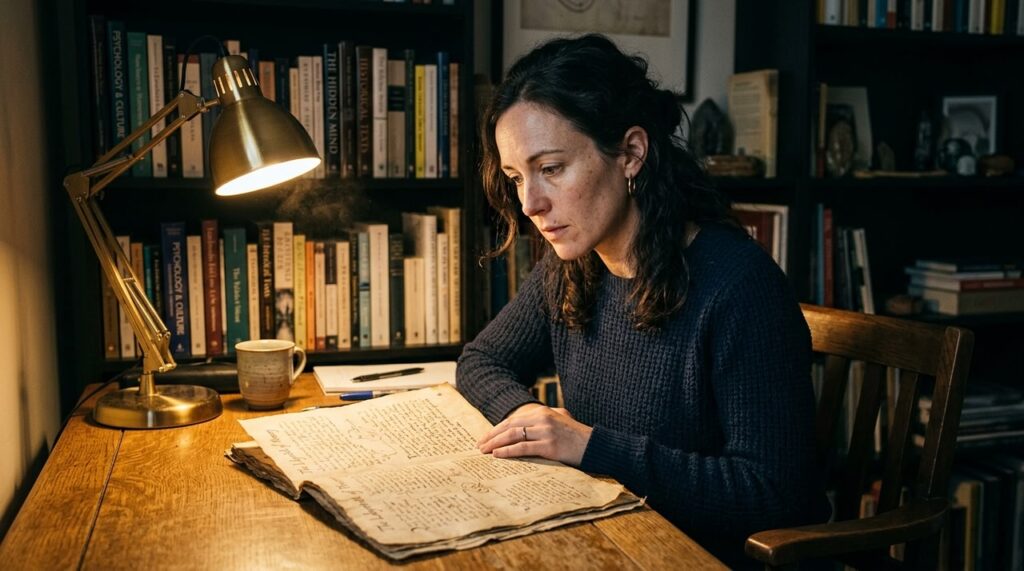 mujer leyendo texto historico sobre mesa antigua
