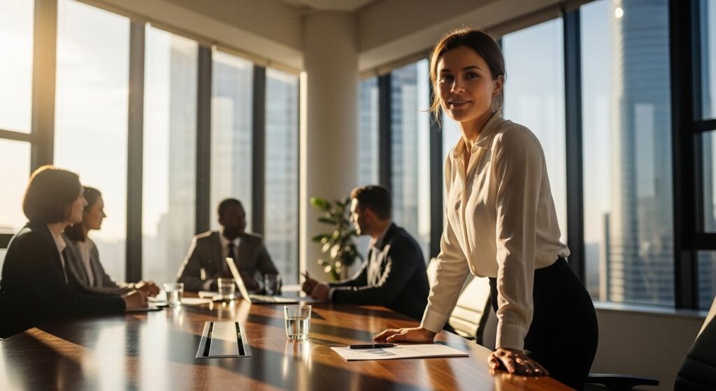 mujer lider en mesa de juntas bajo luz natural
