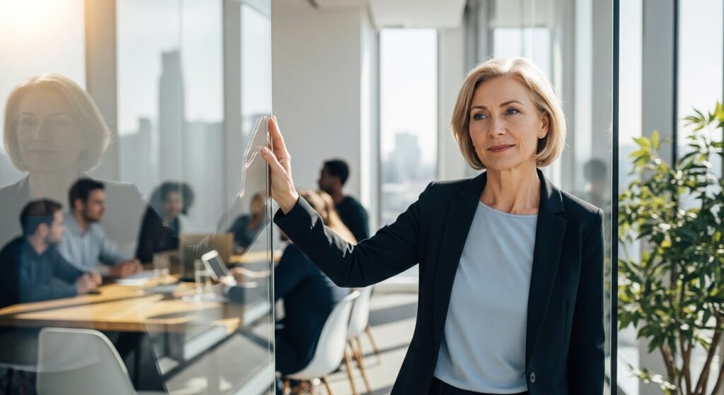 mujer lider madura en oficina moderna con equipo borroso