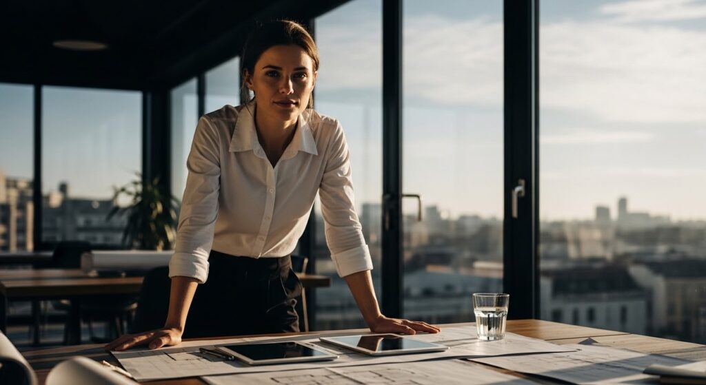 mujer lider revisa planos en oficina moderna con sol