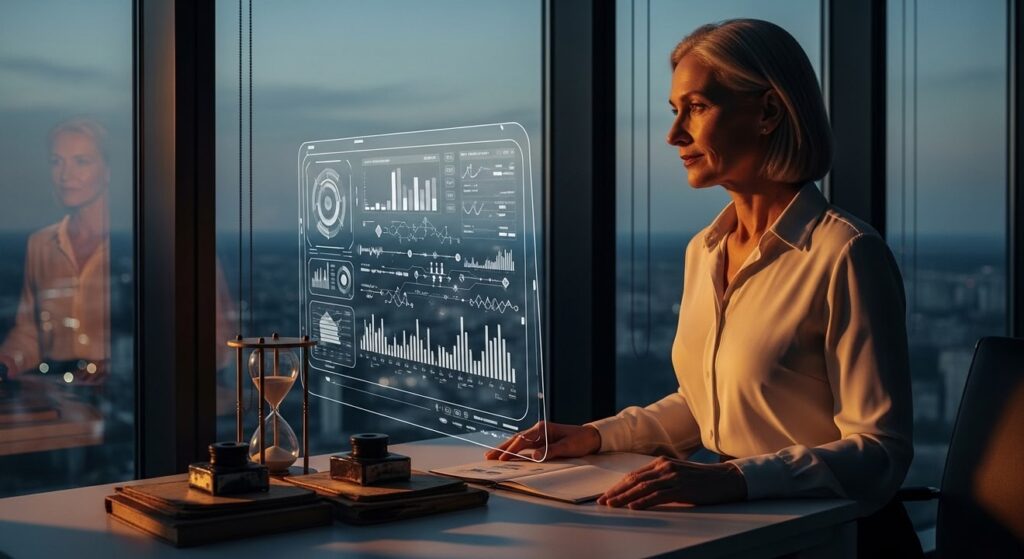mujer madura observa pantalla digital y libros antiguos anochecer
