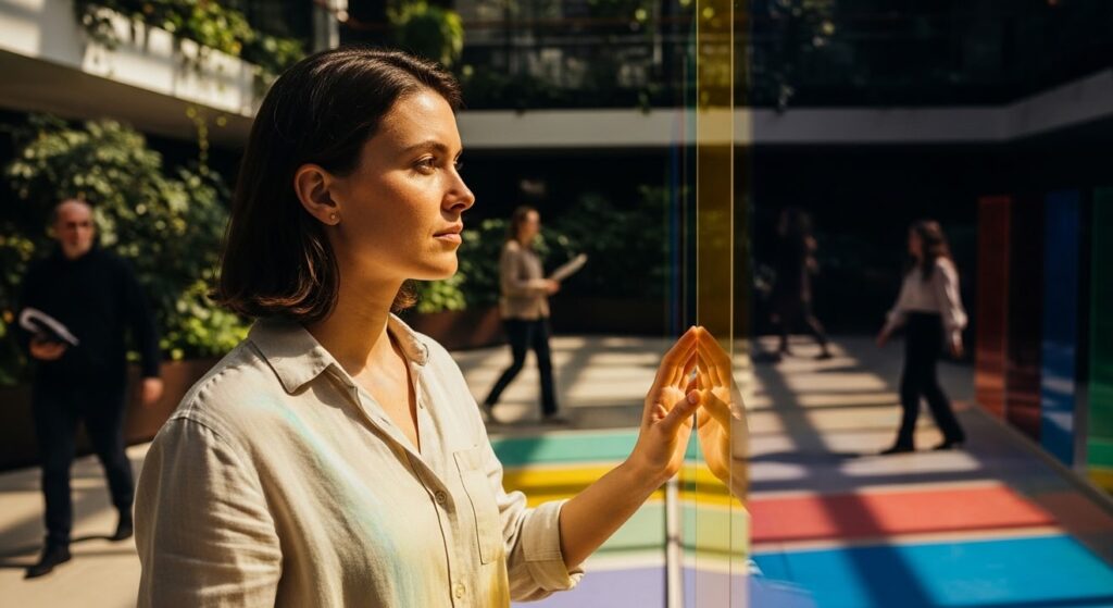 mujer pensativa toca paneles coloridos en un atrio soleado