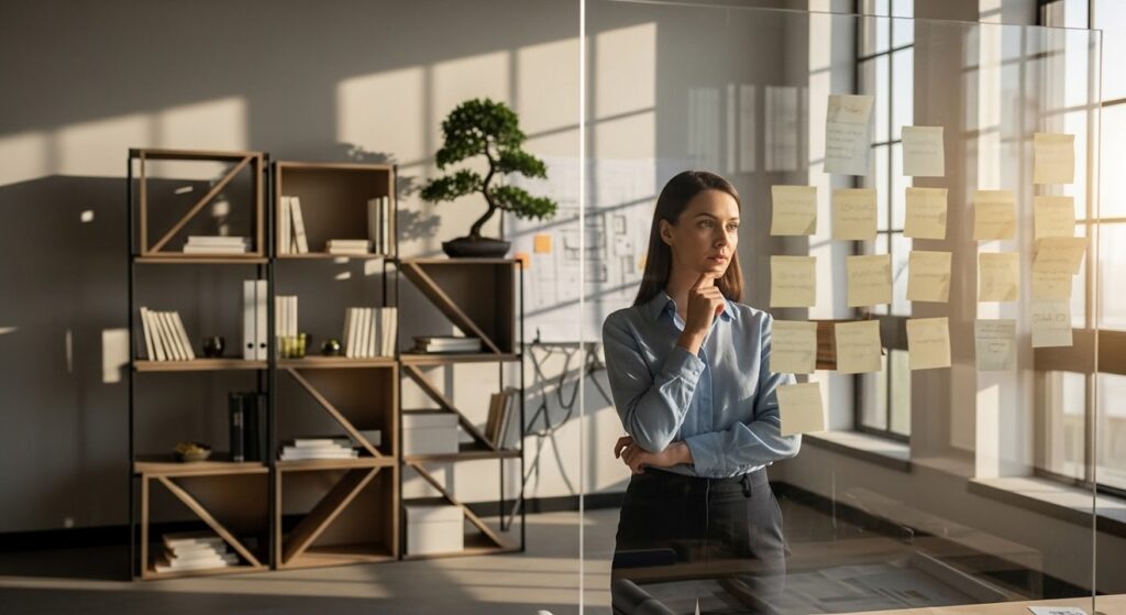 mujer profesional analiza datos en estudio arquitectonico iluminado
