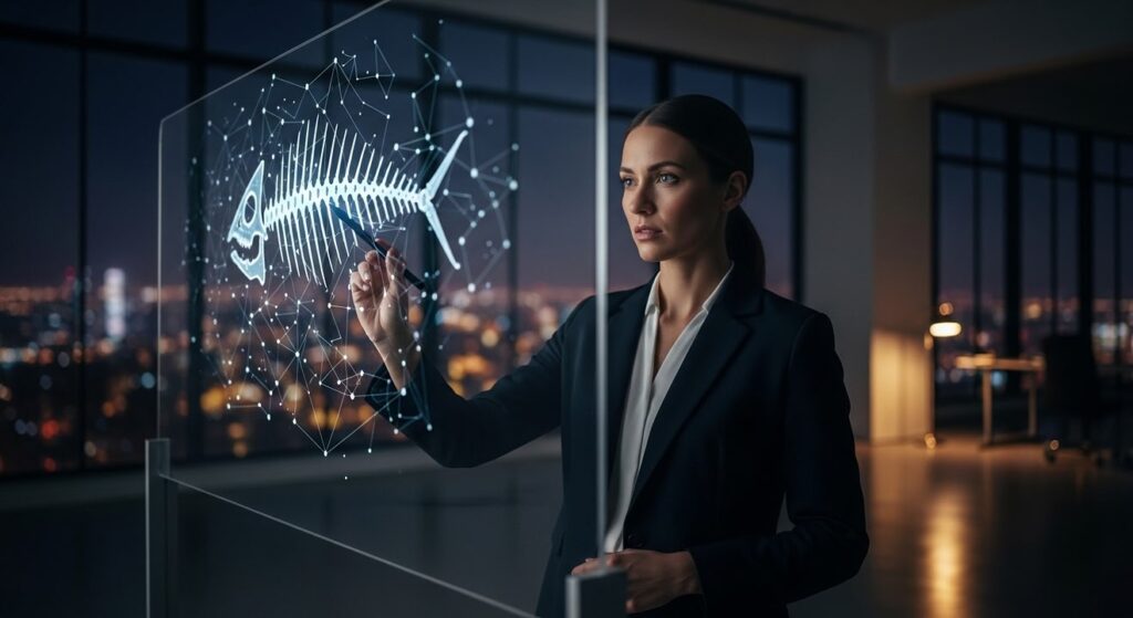 mujer profesional analiza diagrama digital en oficina al anochecer