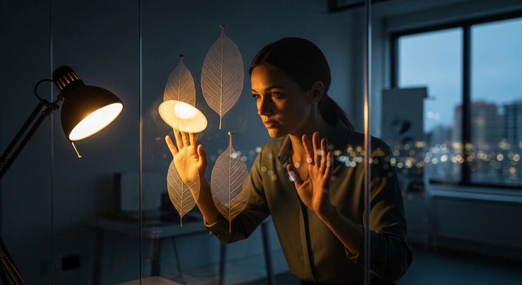 mujer profesional analiza diagrama en cristal de oficina iluminada