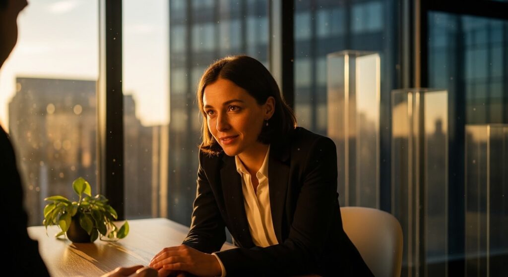 mujer profesional conversa con empatia en oficina muy iluminada