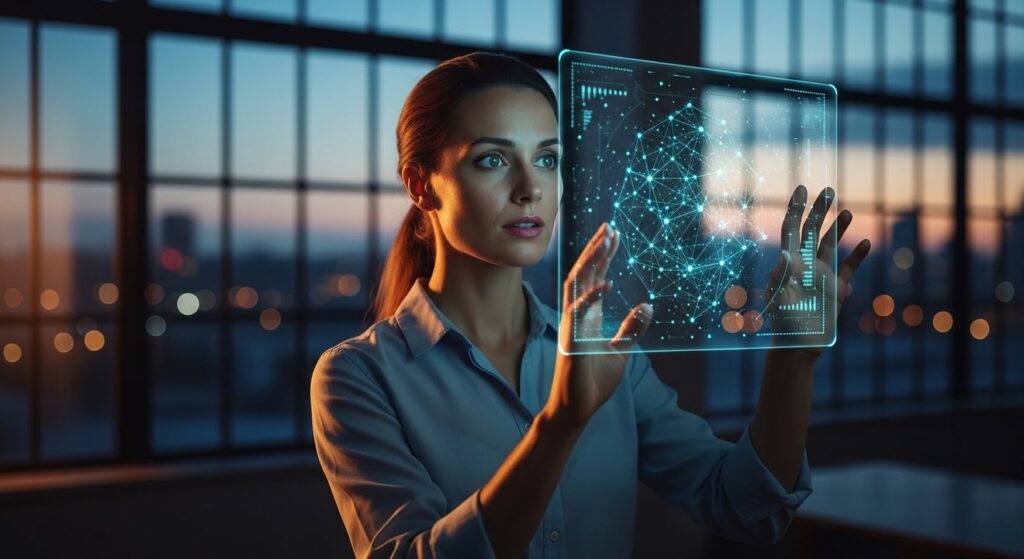 mujer profesional frente a pantalla digital en estudio moderno