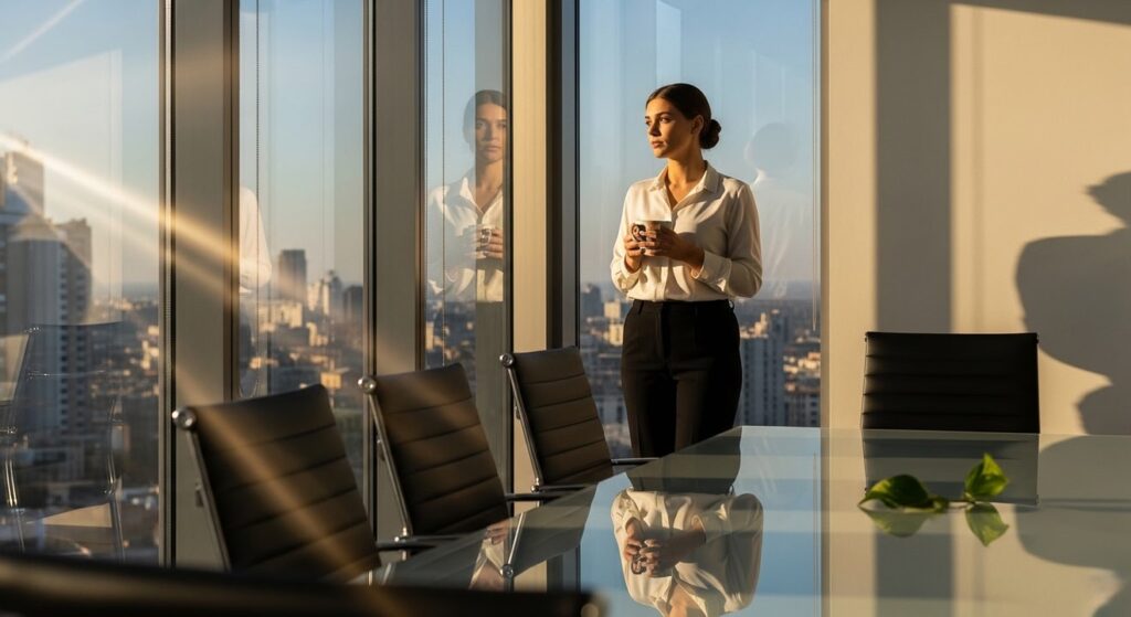 mujer profesional reflexiona frente a ventana en oficina moderna