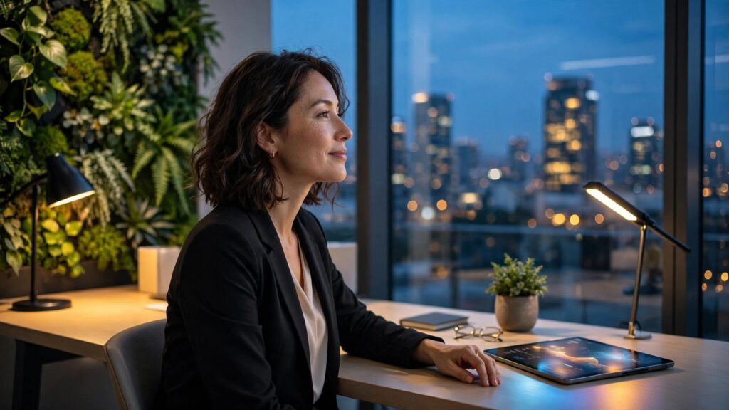 mujer profesional relajada contemplando la ventana en oficina moderna