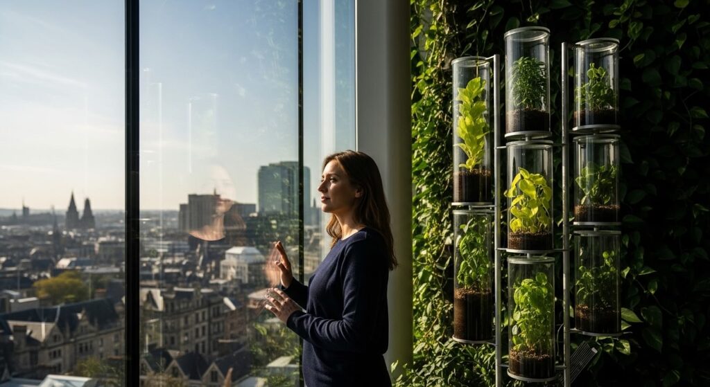 mujer reflexiva ante ventana de atrio con plantas ciudad