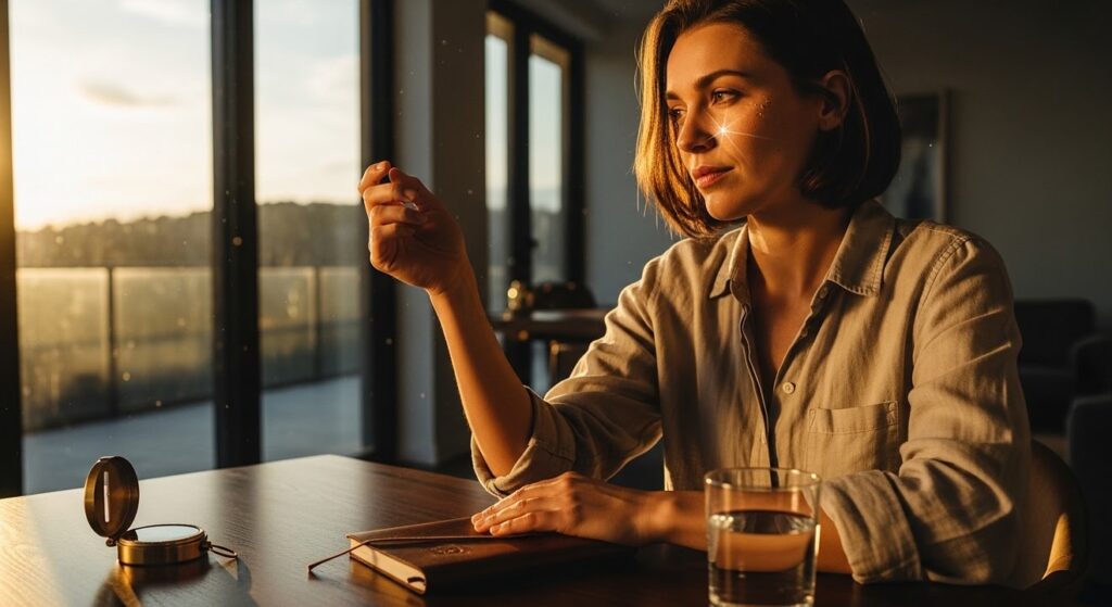 mujer reflexiva frente a brujula en apartamento iluminado