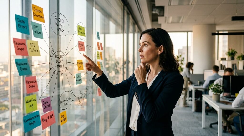 mujer revisando notas adhesivas en panel de cristal