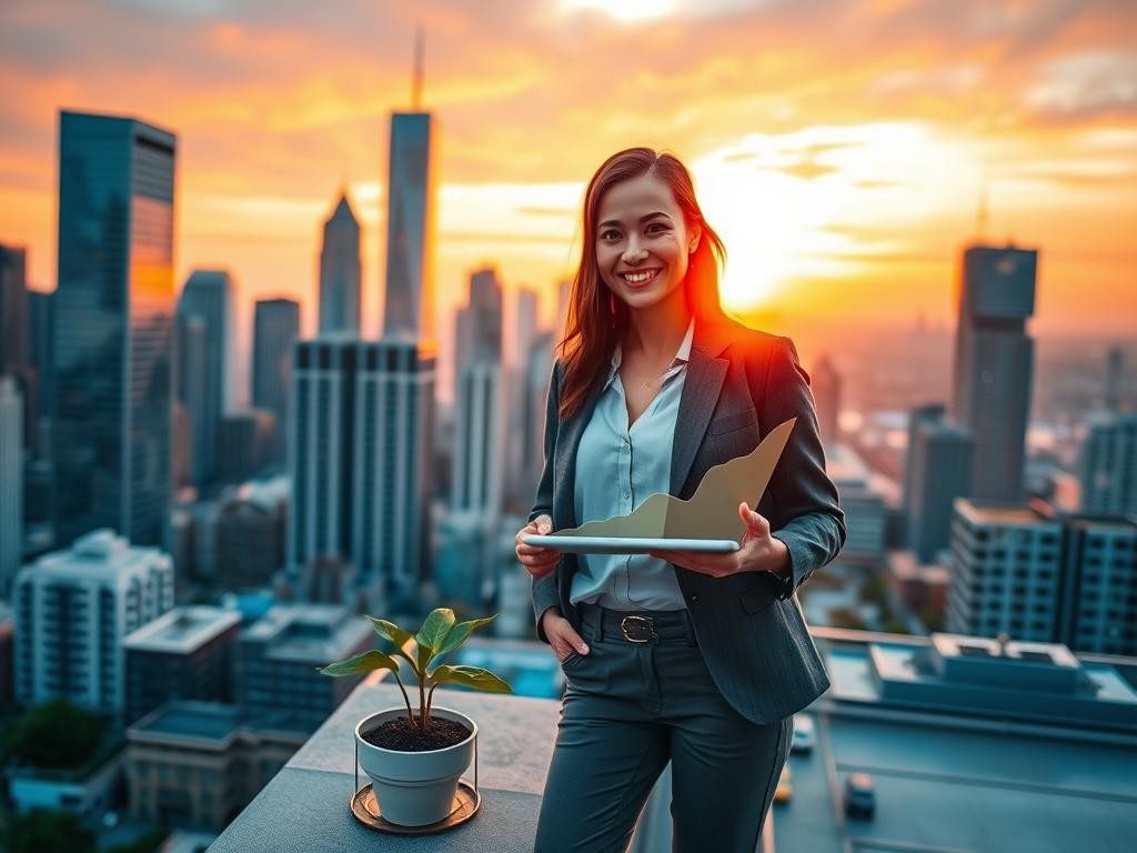 mujer segura en azotea ciudad al amanecer con planta y tablet en mano