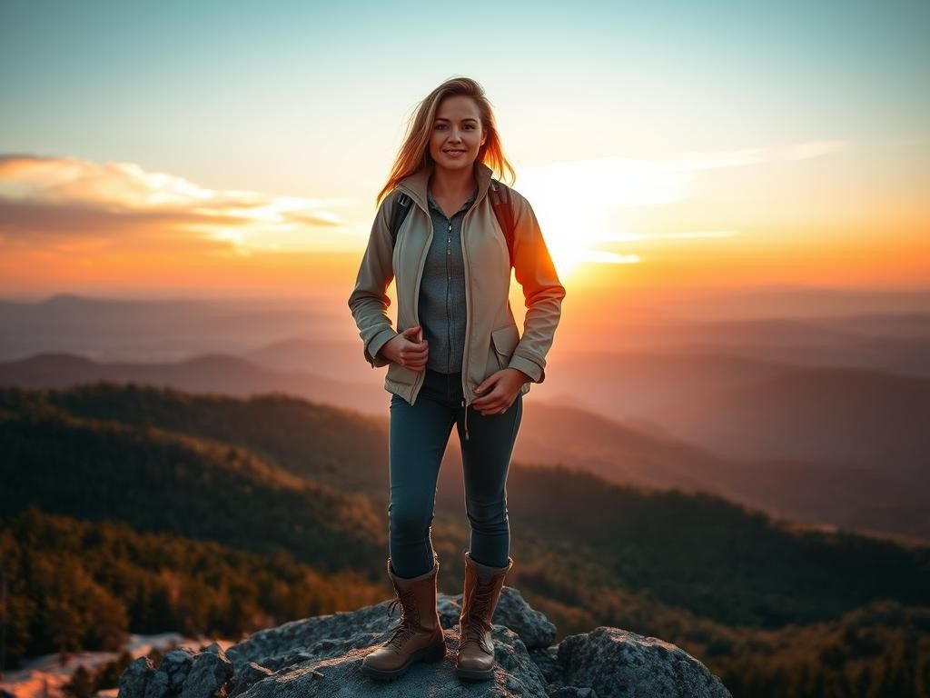 mujer segura en cumbre al amanecer vista panoramica y paisaje inspirador
