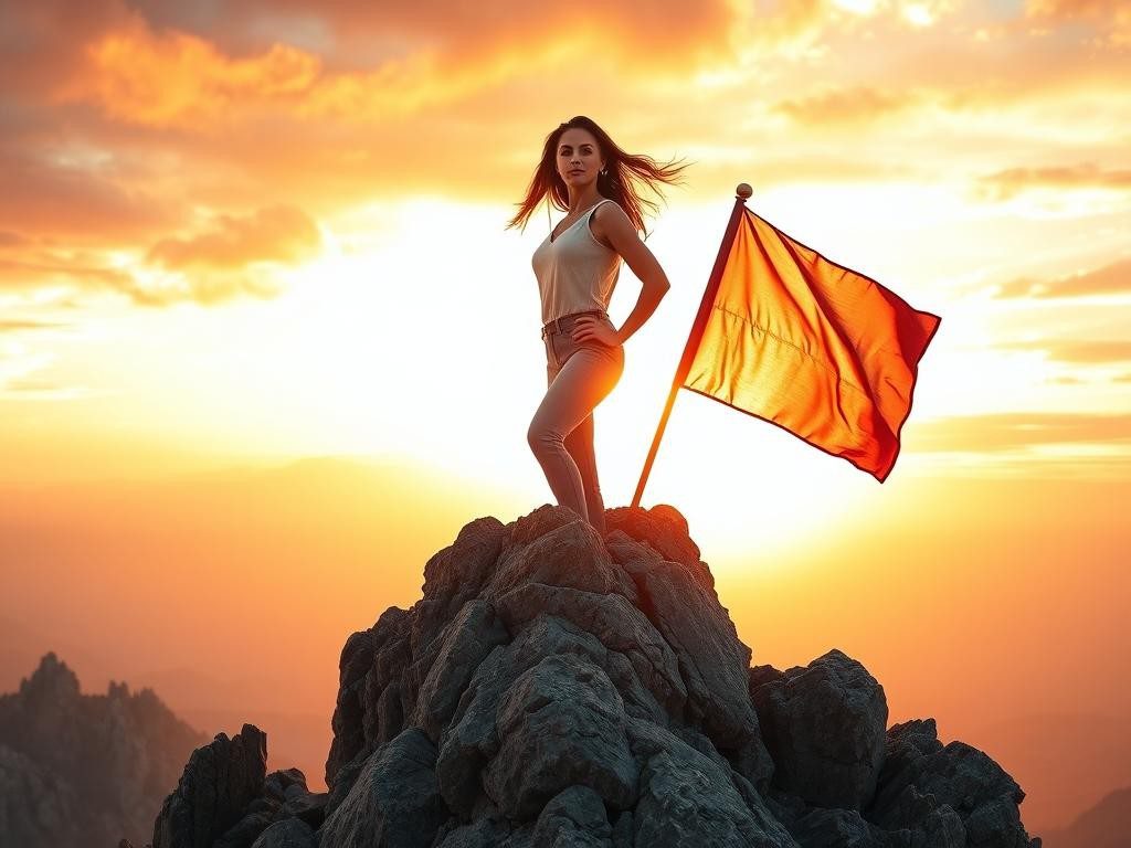 mujer segura en cumbre amanecer vibrante bandera ondeando paisaje desafiante
