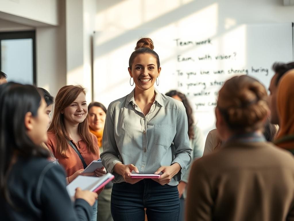 mujer segura lidera grupo diverso en espacio luminoso y motivador