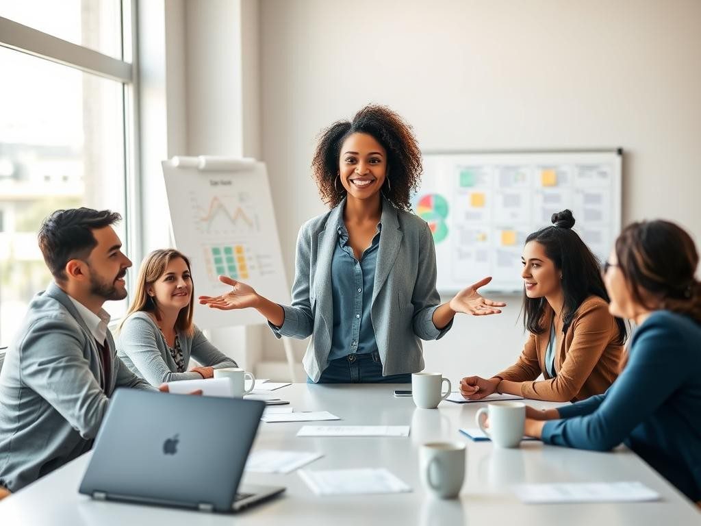 mujer segura lidera reunion moderna energia colaboracion y comunicacion efectiva