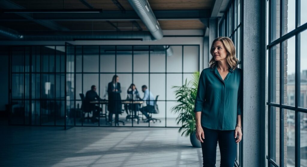mujer serena en oficina industrial mirando equipo con orgullo
