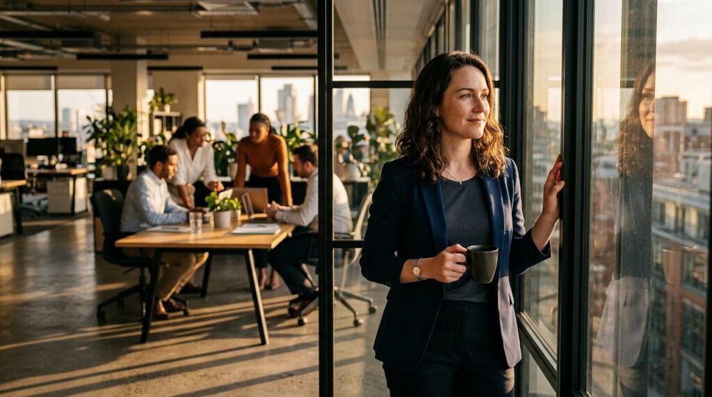 mujer sonriendo contempla ventana desde oficina corporativa