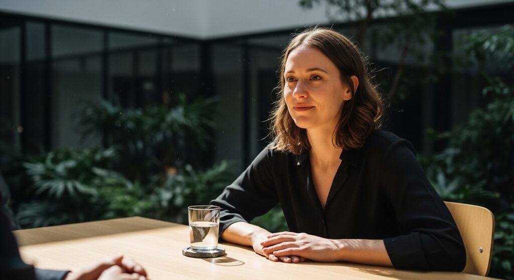 mujer sonriente conversa en mesa de madera iluminada