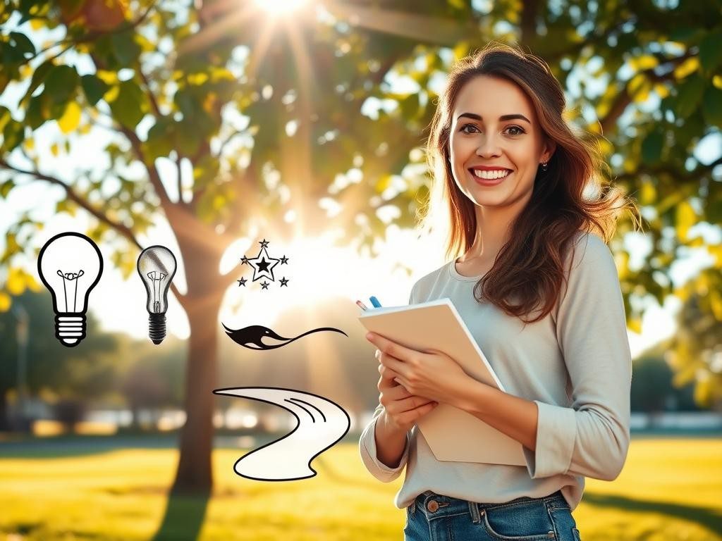 mujer sonriente en parque soleado rodeada de simbolos de inspiracion y crecimiento