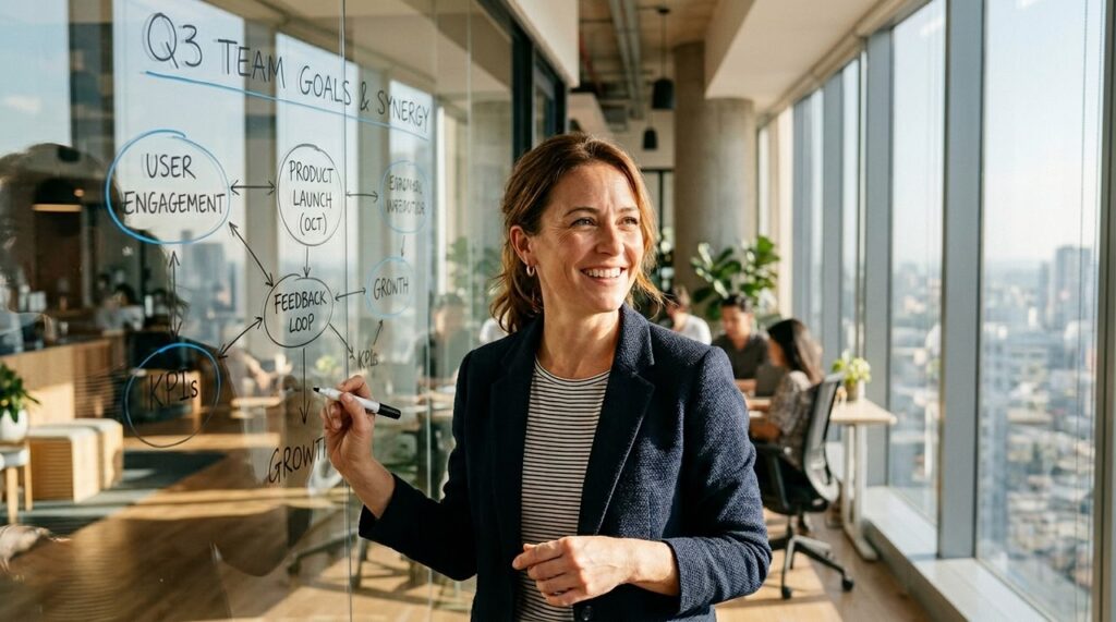 mujer sonriente junto a pizarra transparente en oficina iluminada