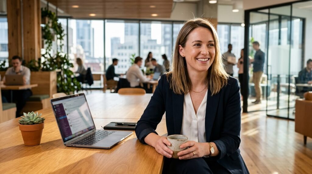 mujer sonriente junto a taza en oficina iluminada
