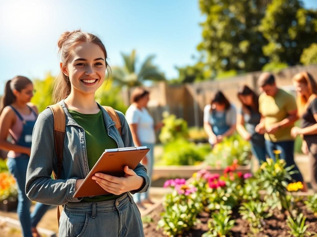 mujer sonriente lidera grupo en jardin vibrante bajo sol brillante