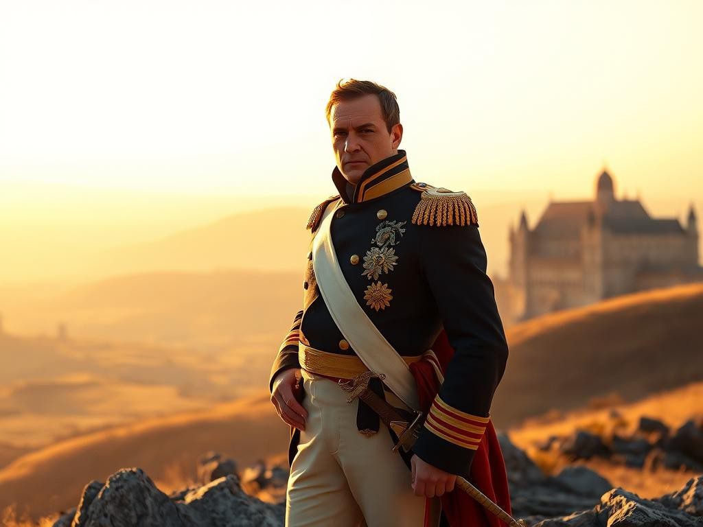 napoleon en cima de una colina al amanecer con paisaje europeo y aire vital