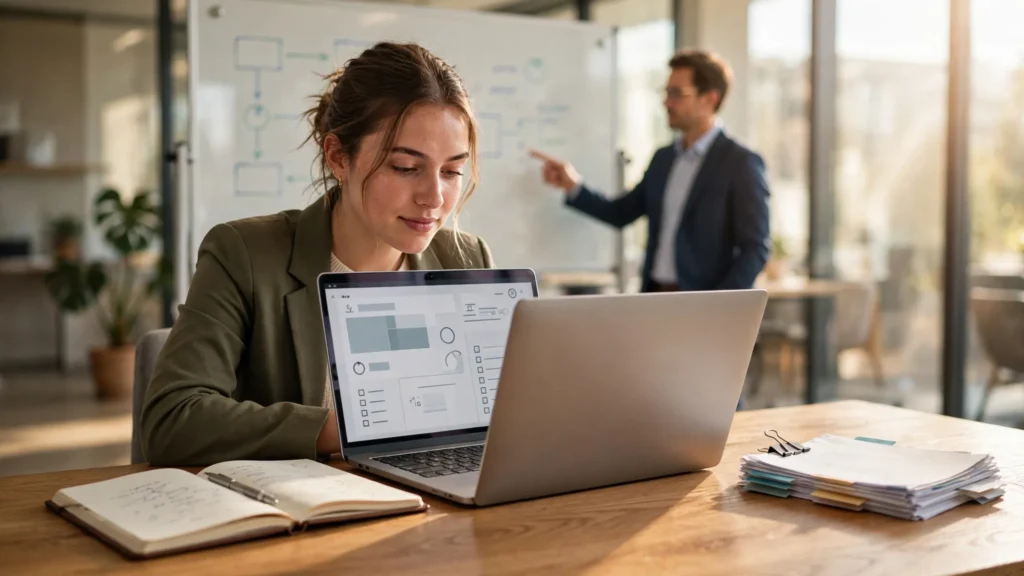 nuevo analista de personal aprendiendo en laptop en oficina