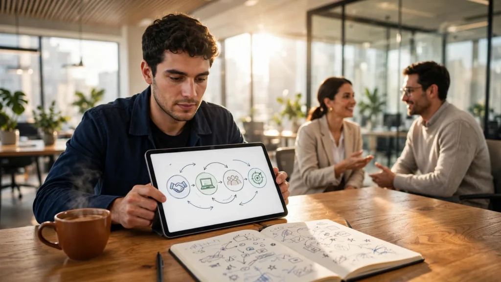 nuevo colaborador revisando plan de integracion en tableta digital