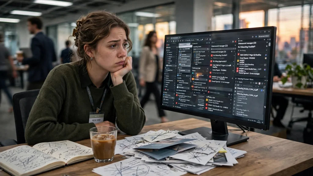nuevo empleado frustrado mirando pantalla de computadora desordenada en oficina