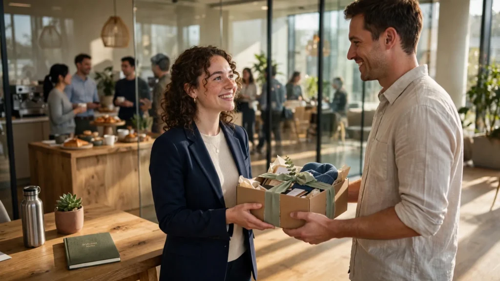nuevo empleado recibe kit de bienvenida de un colega