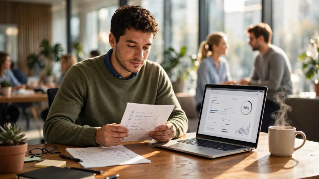nuevo trabajador revisando lista en papel y laptop en oficina