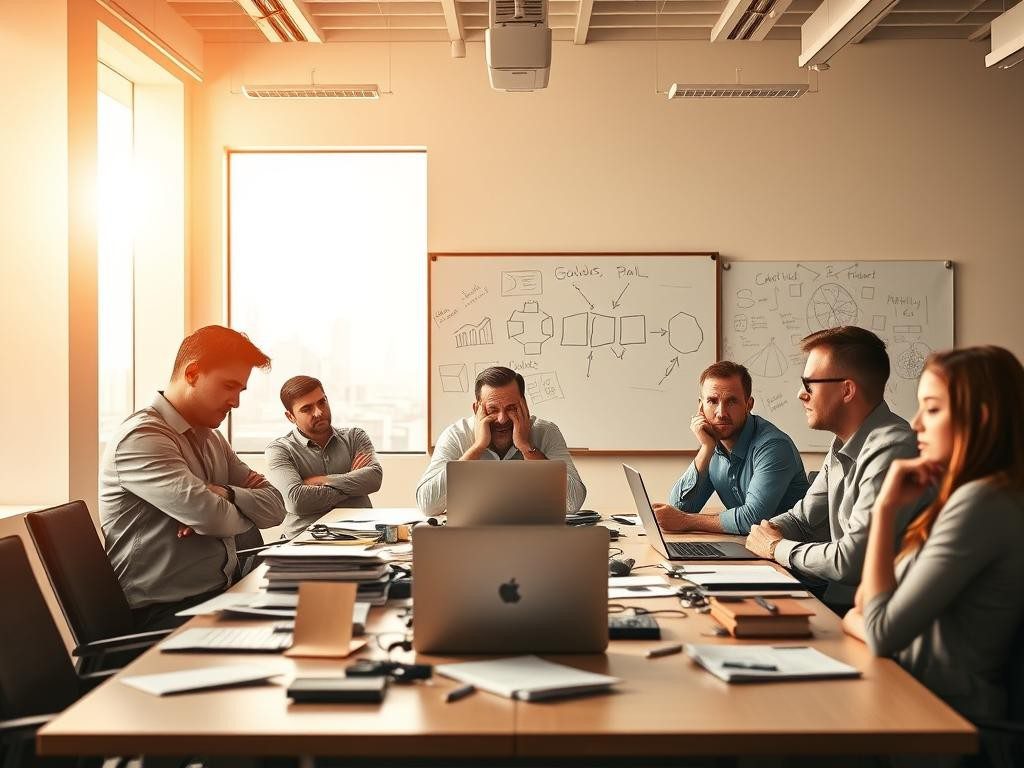 oficina caotica con empleados frustrados y luz natural ambiente tenso