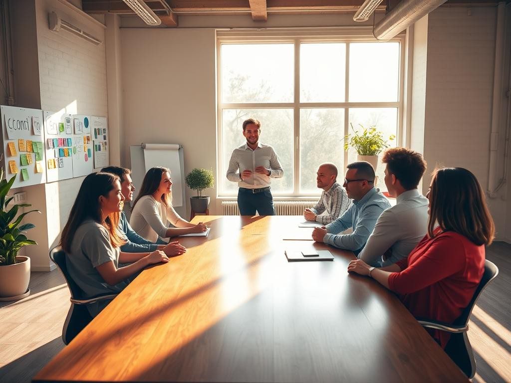 oficina luminosa con lider sonriente equipo motivado y ambiente positivo