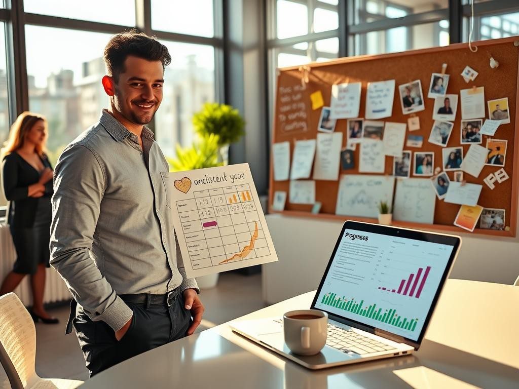 oficina luminosa con persona sonriendo graficos notas y ambiente motivador