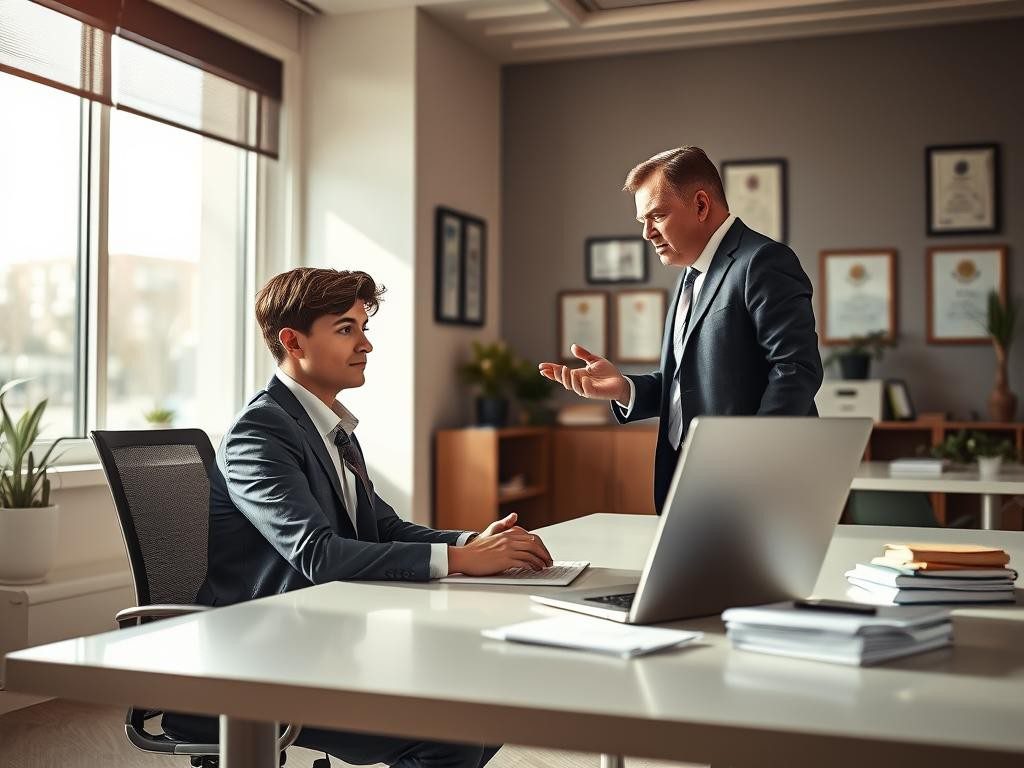 oficina luminosa empleado atento y calmado jefe gesticulando con seriedad