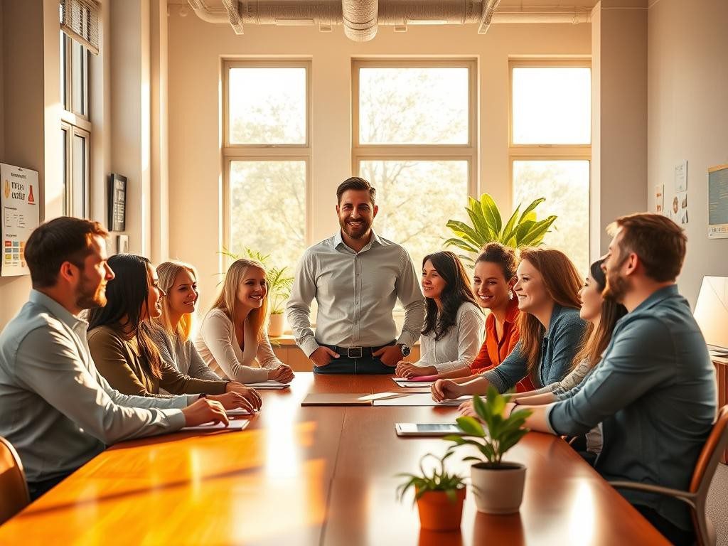 oficina luminosa lider sonriente empleados atentos ambiente colaborativo