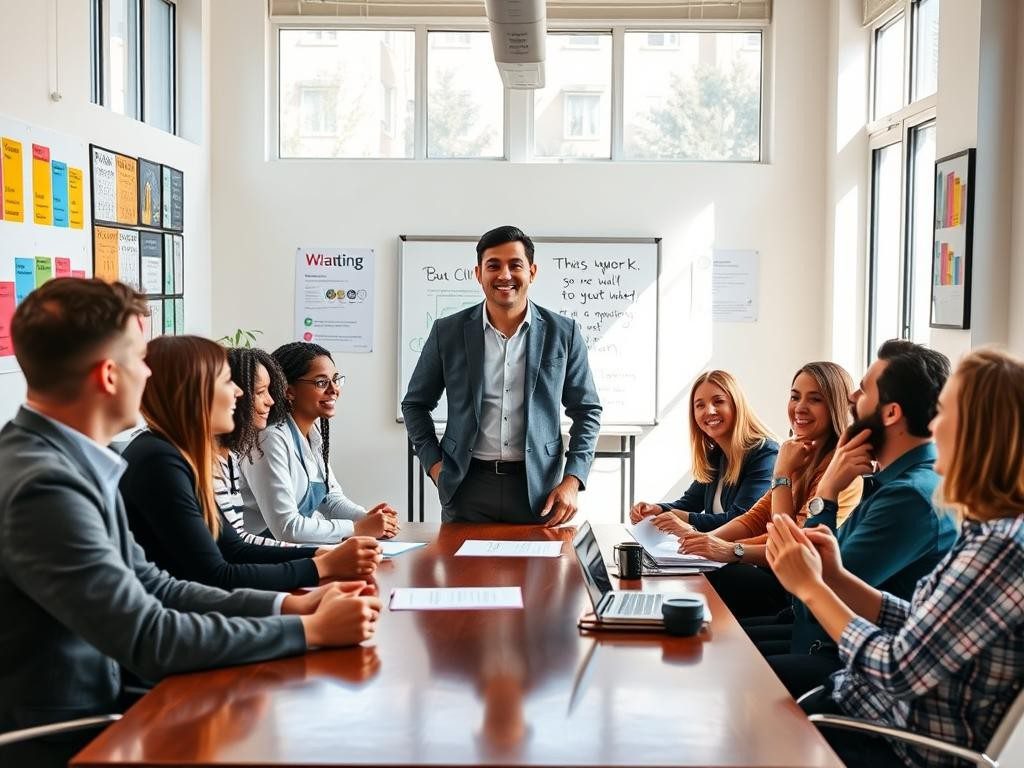 oficina luminosa y moderna con equipo motivado y ambiente colaborativo