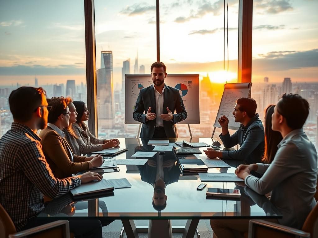 oficina moderna al atardecer con equipo diverso y vista urbana brillante
