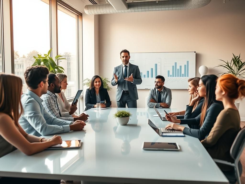 oficina moderna con gran luz natural lider confiado y equipo atento