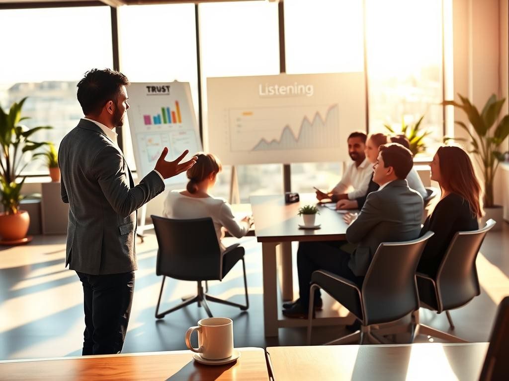 oficina moderna y luminosa con gerente y empleados atentos en dialogo