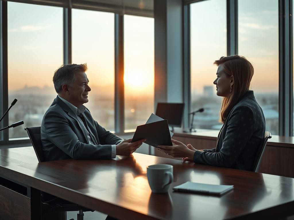 oficina tranquila al amanecer luz suave gerente y empleado en dialogo respetuoso