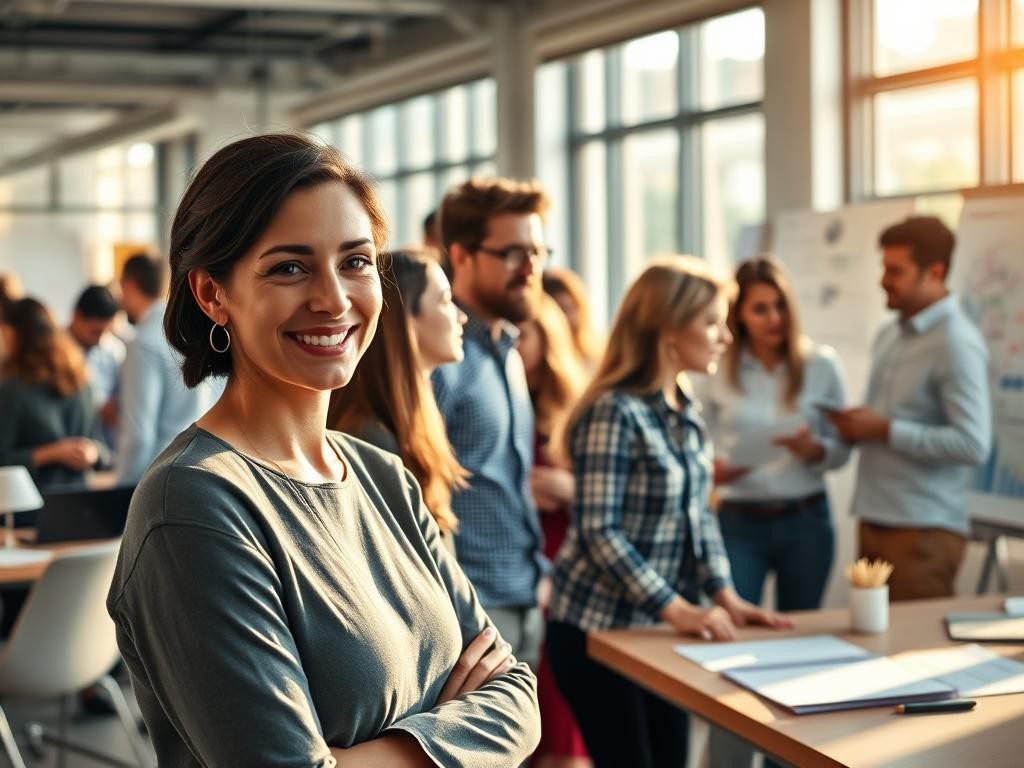 oficina vibrante con personas diversas colaborando en un ambiente calido y energico