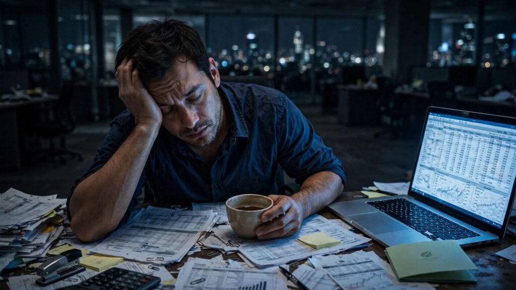 oficinista exhausto frente a laptop y folleto corporativo de noche