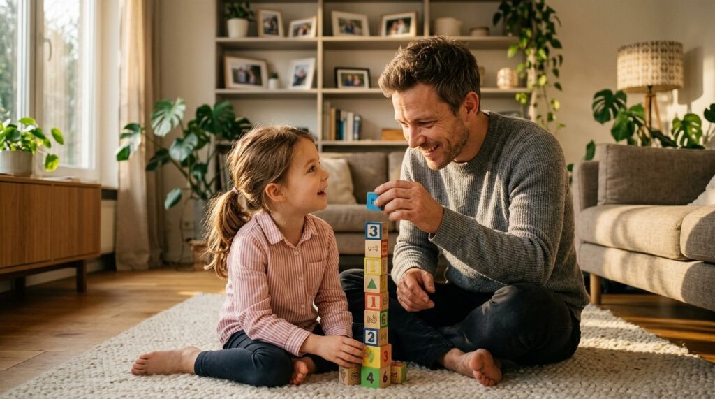 padre e hija construyen torre bloques en salon sunlit