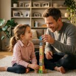 padre e hija construyen torre bloques en salon sunlit